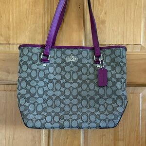 Coach Brown Signature Tote with Purple Accents